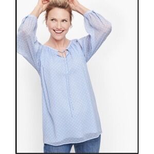 Talbots Blue Polka Dot Tie Neck‎ Peasant Blouse Long Sleeve Lined Top Womens M